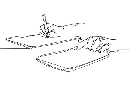 Continuous one line of female taking notes and using digital tablet in silhouette on a white background. Linear stylized.Minimalist. Business conceptのイラスト素材