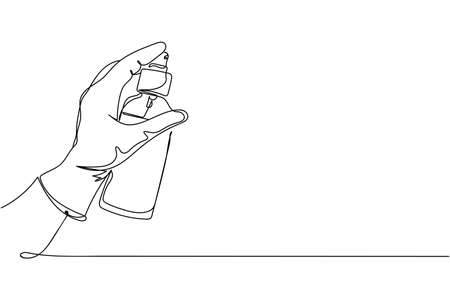 Continuous one line of sanitizer spray for disinfection and medical purpose in hand in silhouette on a white background. Linear stylized.Minimalist.のイラスト素材