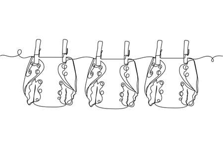 Continuous one line of reusable cloth baby diapers drying on a clothesline in silhouette on a white background. Linear stylized.Minimalist.のイラスト素材