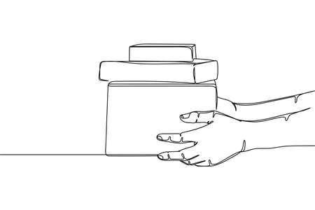 Continuous one line of hand holding boxes stacked a business in silhouette on a white background. Linear stylized.Minimalist.のイラスト素材