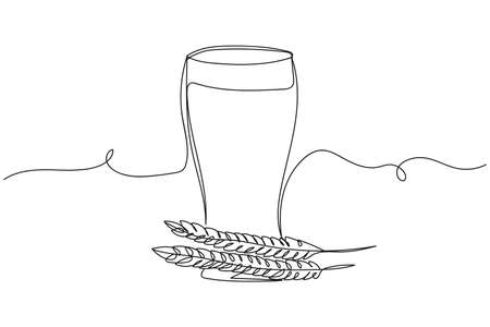 Continuous one line of glass of fresh beer with ears of barley in silhouette on a white background. Linear stylized.Minimalist.のイラスト素材