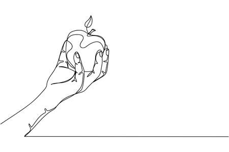 Continuous one line of hand holding apple in silhouette on a white background. Linear stylized.Minimalist.のイラスト素材