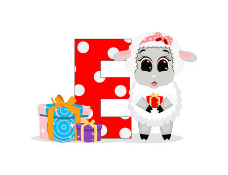 Cute Cartoon sheep with letter E. Perfect for greeting cards, party invitations, posters, stickers, pin, scrapbooking, icons.のイラスト素材