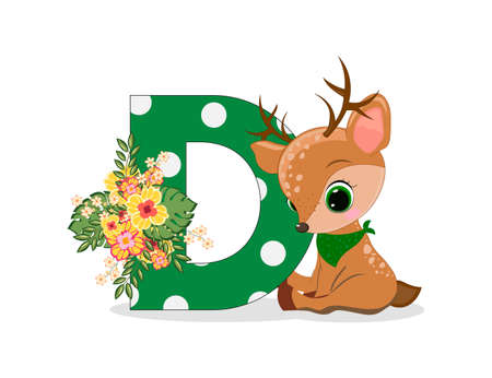 Cute Cartoon little reindeer with letter D. Perfect for greeting cards, party invitations, posters, stickers, pin, scrapbooking, icons.のイラスト素材