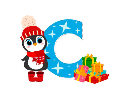 Cute Cartoon christmas penguin with letter C. Perfect for greeting cards, party invitations, posters, stickers, pin, scrapbooking, icons.のイラスト素材