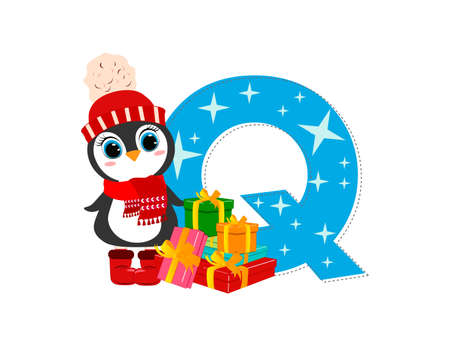 Cute Cartoon christmas penguin with letter Q. Perfect for greeting cards, party invitations, posters, stickers, pin, scrapbooking, icons.のイラスト素材
