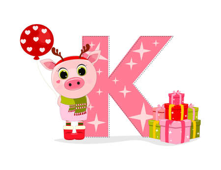 Cute Cartoon christmas piggy with letter K with gift boxes. Perfect for greeting cards, party invitations, posters, stickers, pin, scrapbooking, icons.のイラスト素材