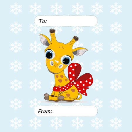 Merry Christmas Card with cute Cartoon baby giraffe with ribbon and bow. Perfect for greeting cards, party invitations, posters, stickers, pin, scrapbooking, icons.のイラスト素材