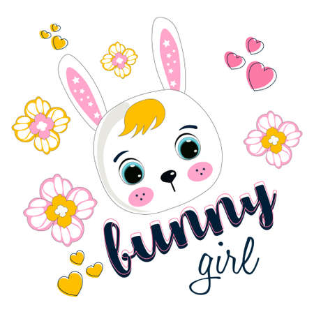 Cute Cartoon beautiful baby bunny girl. Perfect for greeting cards, party invitations, posters, stickers, pin, scrapbooking, icons.のイラスト素材