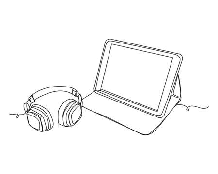 Continuous one line drawing of headphones and tablet technology in silhouette on a white background. Linear stylized.Minimalist.のイラスト素材