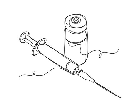 Continuous one line drawing of disposable syringe with needle and vial in silhouette on a white background. Linear stylized.Minimalist.のイラスト素材