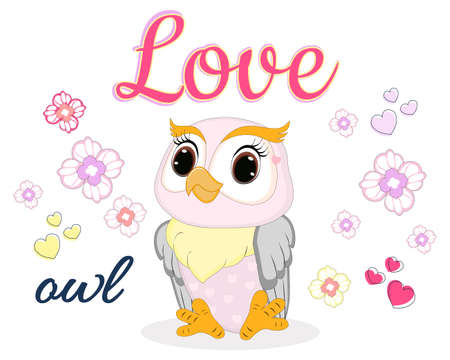 Cute owl vector illustration with cute background. Perfect for greeting cards, party invitations, posters, stickers, pin, scrapbooking, icons.のイラスト素材