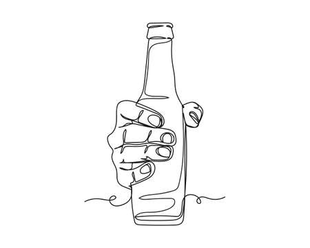 Continuous one line drawing of hand holding beer bottle icon in silhouette on a white background. Linear stylized.のイラスト素材