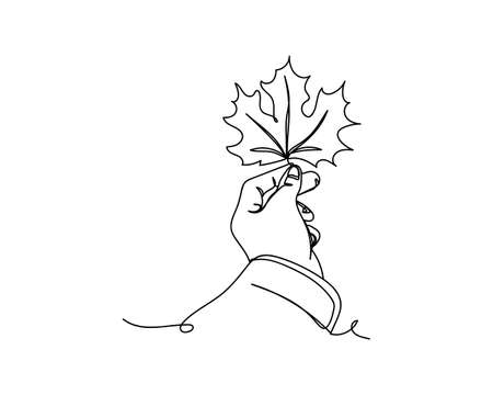 Continuous one line drawing of hand holding autumn leaf maple icon in silhouette on a white background. Linear stylized.のイラスト素材