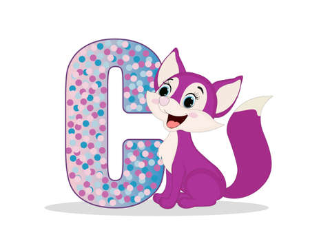 Cute Cartoon little purple fox with alphabet letter C. Perfect for greeting cards, party invitations, posters, stickers, pin, scrapbooking, icons.のイラスト素材
