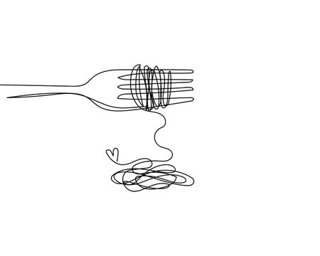 Continuous one line drawing of fork with delicious spaghetti icon in silhouette on a white background. Linear stylized.のイラスト素材