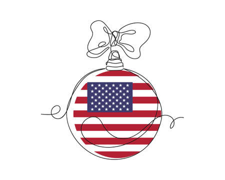 Continuous one line drawing of christmas ball with usa flag new year concept icon in silhouette on a white background. Linear stylized.のイラスト素材