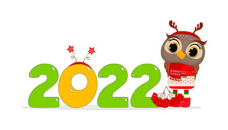 Cute Cartoon new year 2022 christmas with cute little owl. Perfect for greeting cards, party invitations, posters, stickers, pin, scrapbooking, icons.のイラスト素材
