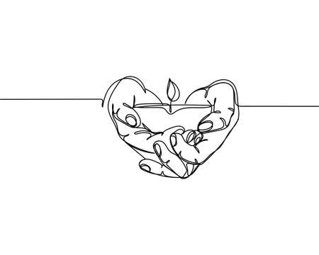 Continuous one line drawing of diwali or deepavali with hands holding with lamp candle in silhouette icon on a white background. Linear stylized.のイラスト素材