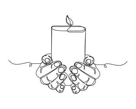 Continuous one line drawing of hands with a candle in silhouette on a white background. Linear stylized.のイラスト素材