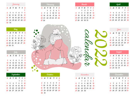 Continuous one line drawing of 2022 calendar date month holidays template with abstract surreal beautiful woman in silhouette on a white background. Linear stylized.のイラスト素材