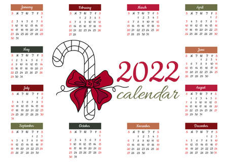 Continuous one line drawing of 2022 calendar date month holidays template with abstract surreal...