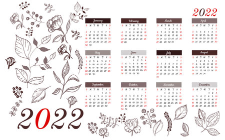vector image calendar template for the year 2022 with vector sketch flowers leavesのイラスト素材