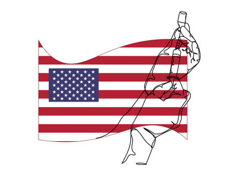 Continuous one line drawing of hand hold syringe vaccination virus on background flag of USA in silhouette on a white background. Linear stylized.のイラスト素材