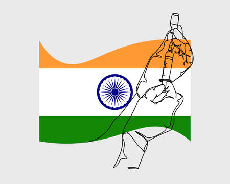 Continuous one line drawing of hand hold syringe vaccination virus on background flag of India in silhouette on a white background. Linear stylized.のイラスト素材