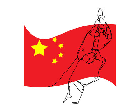 Continuous one line drawing of hand hold syringe vaccination virus on background flag of China in silhouette on a white background. Linear stylized.のイラスト素材