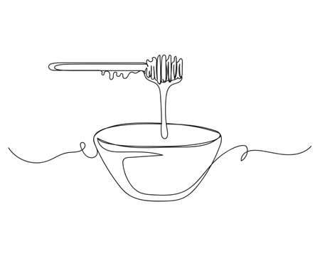 Continuous one line drawing of fresh honey dripping from a spoon with bowl icon in silhouette on a white background. Linear stylized.のイラスト素材
