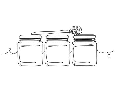 Continuous one line drawing of jars with honey and spoon icon in silhouette on a white background. Linear stylized.のイラスト素材