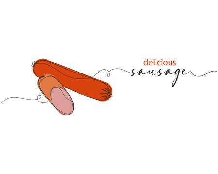 Continuous one line drawing of delicious ham sausage cut in silhouette on a white background. Linear stylized.Minimalist.のイラスト素材