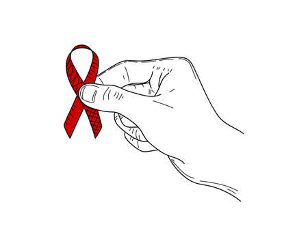 Drawing, engraving, ink, line art, vector illustration hand holding an AIDS ribbon in silhouette on a white background.のイラスト素材