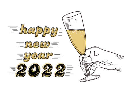 Drawing, engraving, ink, line art, vector illustration hand holding champagne happy new year 2022 in silhouette on a white background.のイラスト素材
