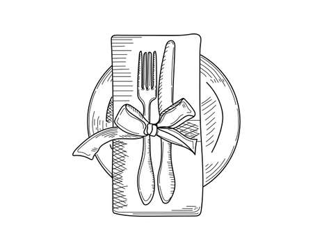 Drawing, engraving, ink, line art, vector illustration christmas table setting in silhouette on a white background.のイラスト素材