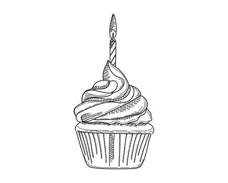 Drawing, engraving, ink, line art, vector illustration birthday cupcake with cream and candle in silhouette on a white background.のイラスト素材
