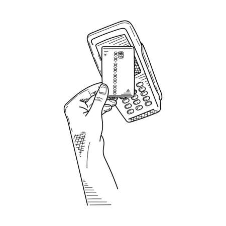 Drawing, engraving, ink, line art, vector illustration payment by card business concept sketch in silhouette on a white background.のイラスト素材