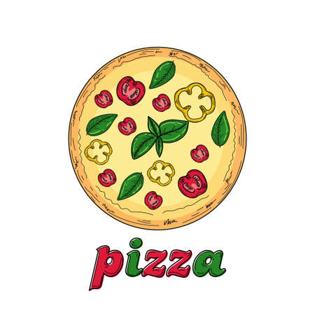 Drawing, engraving, ink, line art, vector illustration delicious pizza italian food concept sketch in silhouette on a white background.のイラスト素材