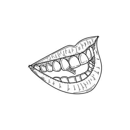 Drawing, engraving, ink, line art, vector illustration laughing mouth with great teeth sketch in silhouette on a white background.のイラスト素材