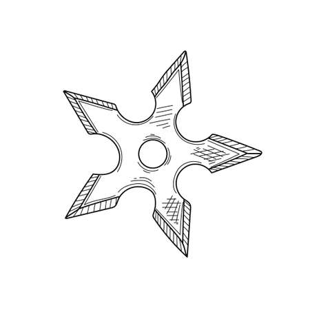 Drawing, engraving, ink, line art, vector illustration ninja star shuriken sketch in silhouette on a white background.のイラスト素材
