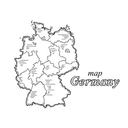 Drawing, engraving, ink, line art, vector illustration Germany high detailed map sketch in silhouette on a white background.のイラスト素材