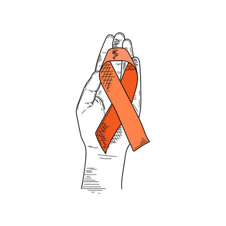 Drawing, engraving, ink, line art, vector illustration hand holds orange ribbon concept sketch in silhouette on a white background.のイラスト素材
