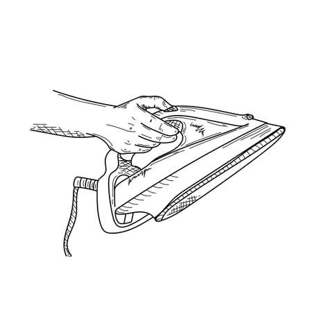 Drawing, engraving, ink, line art, vector illustration hand holds an iron cleaning concept sketch in silhouette on a white background.のイラスト素材