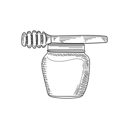 Drawing, engraving, ink, line art, vector illustration glass jar with delicious fresh honey sketch in silhouette on a white background.のイラスト素材