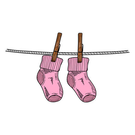 Drawing, engraving, ink, line art, vector illustration baby girl pink socks hanging clothesline sketch in silhouette on a white background.のイラスト素材