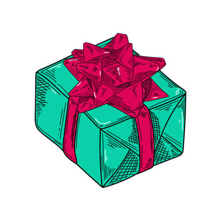 Drawing, engraving, ink, line art, vector illustration christmas new year gift box with beautiful pretty bow sketch in silhouette on a white background.のイラスト素材