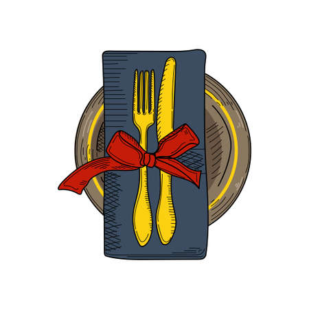 Drawing, engraving, ink, line art, vector illustration christmas table setting in silhouette on a white background.のイラスト素材