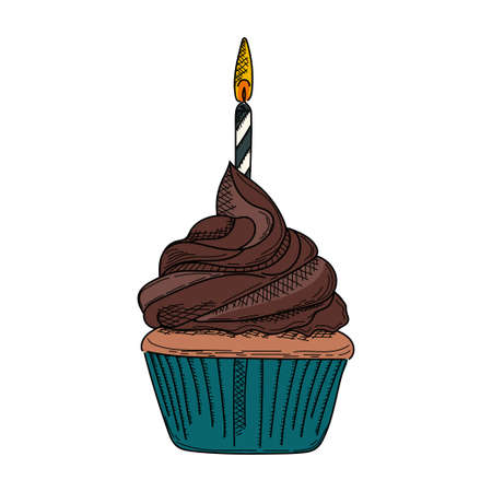Drawing, engraving, ink, line art, vector illustration birthday chocolate cupcake with cream and candle in silhouette on a white background.のイラスト素材