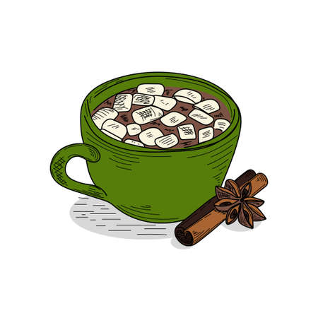Drawing, engraving, ink, line art, vector illustration christmas hot drink with marshmallows and cinnamon colored sketch in silhouette on a white background.のイラスト素材